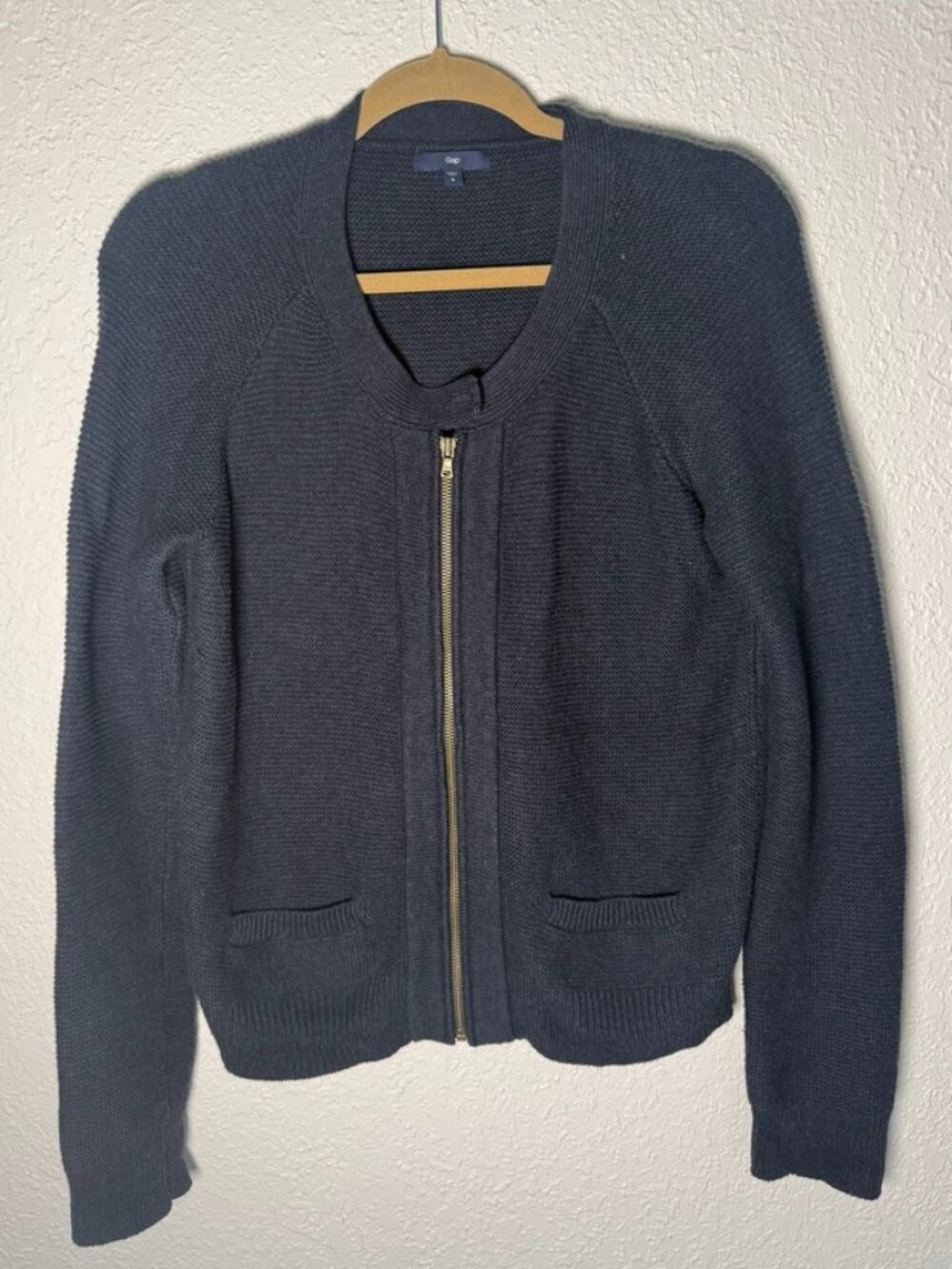 GAP Navy Textured Knit Zip-Up Cardigan Sweater Gold Zipper Size Medium